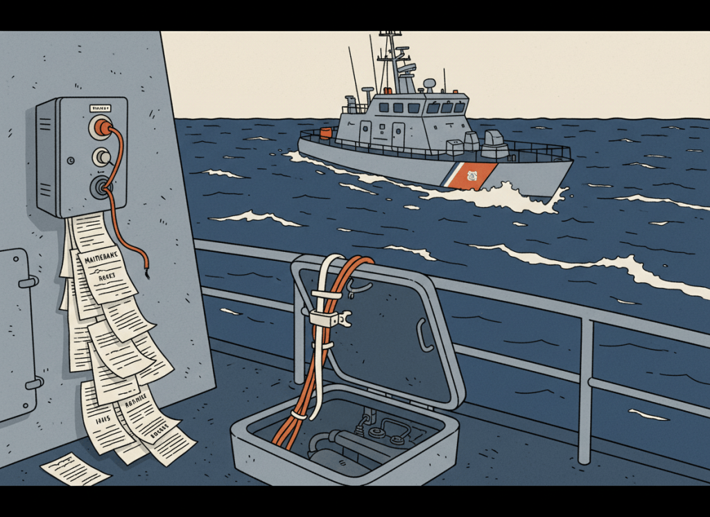 Flat editorial illustration in muted navy blue, industrial gray, orange, and beige. A Coast Guard patrol cutter at sea, with an engine room hatch open in the foreground and a zip tie securing a component. A fire extinguisher system control panel with a disconnected wire hangs on the bulkhead. Stacks of maintenance request forms overflow nearby. Deadpan dry bureaucratic newspaper illustration style. No text.