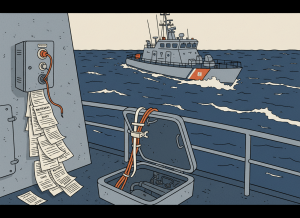 Flat editorial illustration in muted navy blue, industrial gray, orange, and beige. A Coast Guard patrol cutter at sea, with an engine room hatch open in the foreground and a zip tie securing a component. A fire extinguisher system control panel with a disconnected wire hangs on the bulkhead. Stacks of maintenance request forms overflow nearby. Deadpan dry bureaucratic newspaper illustration style. No text.