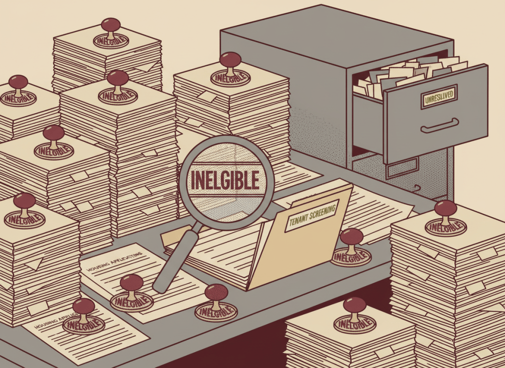 Flat editorial illustration in muted burgundy, institutional gray, olive, and beige. A federal government office desk with stacks of housing application forms and red "INELIGIBLE" stamps scattered across them. A large magnifying glass hovers over a folder labeled "TENANT SCREENING." A filing cabinet in the background has a drawer labeled "UNRESOLVED" overflowing with papers. Deadpan dry bureaucratic newspaper illustration style. No text.