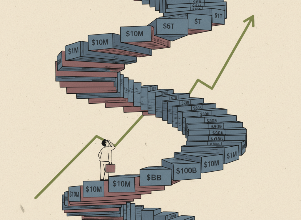 Flat editorial illustration in muted slate blue, burgundy, olive green, and beige. A large spiral staircase of stacked government debt certificates and Treasury bonds winding upward, each step labeled with a rising dollar amount. A small figure at the bottom looks up at the towering spiral. A simple line graph curves upward in the background. Deadpan dry bureaucratic newspaper illustration style. No text.