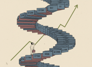 Flat editorial illustration in muted slate blue, burgundy, olive green, and beige. A large spiral staircase of stacked government debt certificates and Treasury bonds winding upward, each step labeled with a rising dollar amount. A small figure at the bottom looks up at the towering spiral. A simple line graph curves upward in the background. Deadpan dry bureaucratic newspaper illustration style. No text.