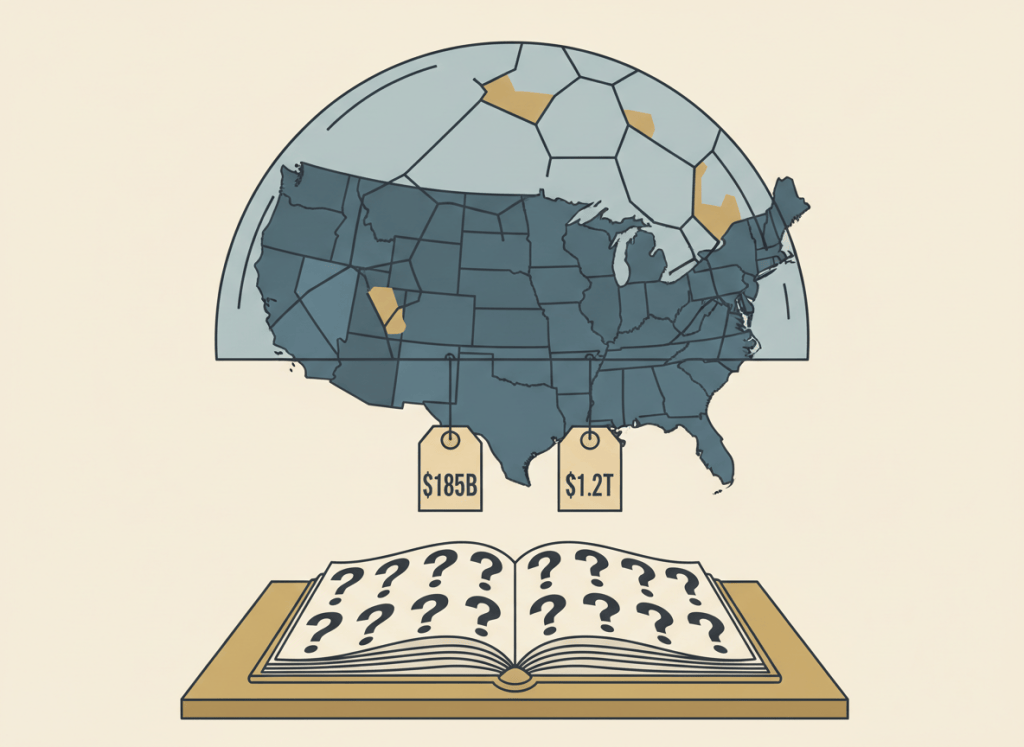 Flat editorial illustration in muted steel blue, slate gray, gold, and beige. A large translucent dome shape covers a stylized map of the United States, but the dome has visible gaps and patches. Below it, two price tags hang side by side: one reads "$185B" and the other "$1.2T." A government ledger book sits open in the foreground with question marks on its pages. Deadpan dry bureaucratic newspaper illustration style. No text.