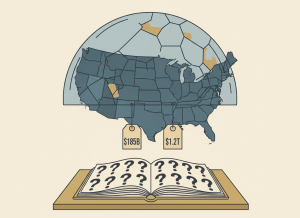 Flat editorial illustration in muted steel blue, slate gray, gold, and beige. A large translucent dome shape covers a stylized map of the United States, but the dome has visible gaps and patches. Below it, two price tags hang side by side: one reads "$185B" and the other "$1.2T." A government ledger book sits open in the foreground with question marks on its pages. Deadpan dry bureaucratic newspaper illustration style. No text.
