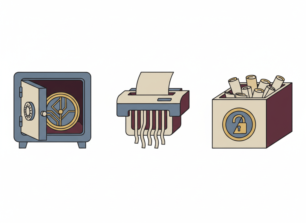 Flat editorial illustration in muted slate blue, gold, burgundy, and beige. Three distinct scenes arranged in a triptych: on the left, a stylized cryptocurrency coin sits inside a safe with the door ajar; in the center, a shredder eating a document labeled "mixing transaction"; on the right, a suggestion box overflowing with anonymous tip slips, a privacy seal half-stamped on the front. Deadpan dry bureaucratic newspaper illustration style. No text.