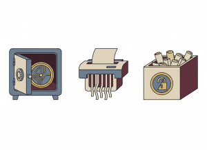 Flat editorial illustration in muted slate blue, gold, burgundy, and beige. Three distinct scenes arranged in a triptych: on the left, a stylized cryptocurrency coin sits inside a safe with the door ajar; in the center, a shredder eating a document labeled "mixing transaction"; on the right, a suggestion box overflowing with anonymous tip slips, a privacy seal half-stamped on the front. Deadpan dry bureaucratic newspaper illustration style. No text.