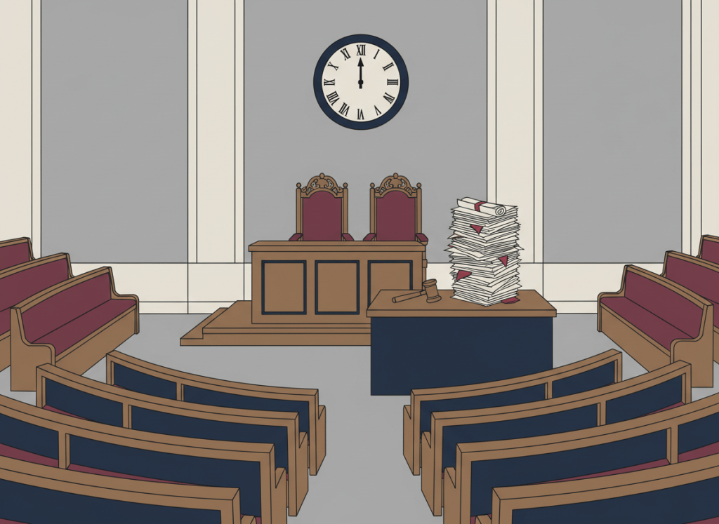 Flat editorial illustration in muted institutional gray, navy blue, burgundy, and beige. A large empty legislative chamber with two ornate chairs at the front, a clock on the wall showing barely any time passed, and a towering stack of official documents and bills piled on a desk. A single gavel rests untouched. Deadpan dry bureaucratic newspaper illustration style. No text.
