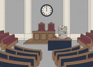 Flat editorial illustration in muted institutional gray, navy blue, burgundy, and beige. A large empty legislative chamber with two ornate chairs at the front, a clock on the wall showing barely any time passed, and a towering stack of official documents and bills piled on a desk. A single gavel rests untouched. Deadpan dry bureaucratic newspaper illustration style. No text.