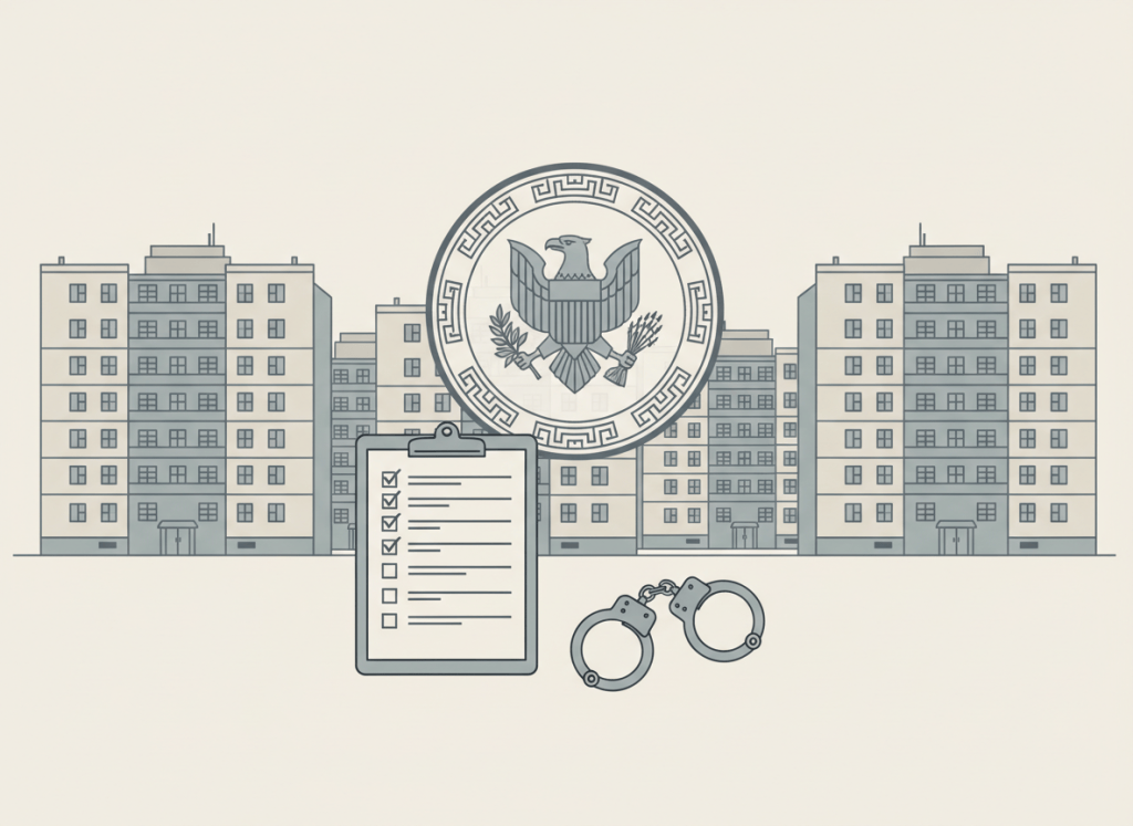 Flat, dry editorial illustration in bureaucratic style. A sterile government housing complex in muted grays and beige with a large official seal or badge overlay. A clipboard with a checklist and a set of handcuffs sit in the foreground. The mood is institutional and deadpan — no dramatic lighting, no people, just the cold machinery of federal enforcement. Flat color palette, minimal detail, bureaucratic aesthetic.
