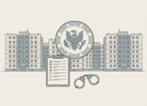Flat, dry editorial illustration in bureaucratic style. A sterile government housing complex in muted grays and beige with a large official seal or badge overlay. A clipboard with a checklist and a set of handcuffs sit in the foreground. The mood is institutional and deadpan — no dramatic lighting, no people, just the cold machinery of federal enforcement. Flat color palette, minimal detail, bureaucratic aesthetic.