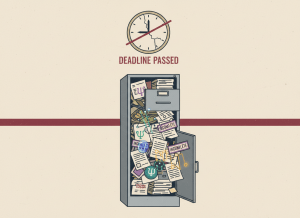 Flat, dry editorial illustration. A government filing cabinet overflowing with quantum physics symbols — wave functions, qubits, circuit diagrams — mixed with mundane bureaucratic paperwork and rubber stamps marked "INCOMPLETE." A large wall clock shows a deadline long past. Muted institutional palette: navy, beige, gray, burgundy. Deadpan newspaper editorial style, no people, flat color.