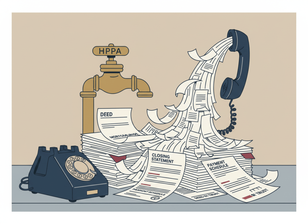 Flat, dry editorial illustration. A telephone ringing off the hook with a flood of paper loan offers and credit reports pouring out of it, spilling onto a desk covered in mortgage paperwork. A large valve or spigot in the background is half-closed, labeled "HPPA." Muted institutional palette: navy, beige, gray, burgundy. Deadpan newspaper editorial style, no people, flat color.