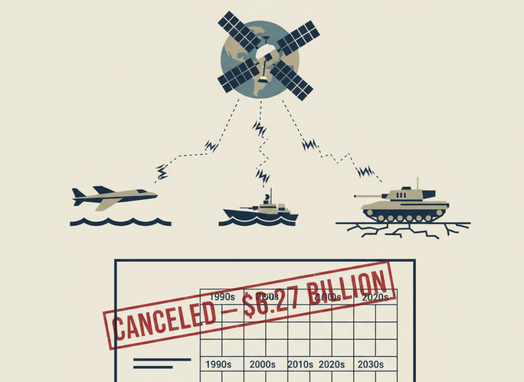 Flat, dry editorial illustration. A GPS satellite orbiting Earth, connected by dotted signal lines to a military aircraft, a ship, and a tank below — but the signal lines are visibly broken or interrupted with static symbols. A large stamped document labeled "CANCELED — $6.27 BILLION" sits in the foreground. A wall calendar shows decades passing. Muted institutional palette: navy, beige, gray, burgundy. Deadpan newspaper editorial style, no people, flat color.