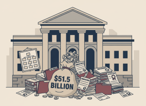 Flat, dry editorial illustration. A large government building with a money bag labeled "$51.5 BILLION" overflowing from its doors. Stacks of disorganized folders and awards documents spill out, some labeled "NO OWNER" and "UNMONITORED." A blank organizational chart hangs on the wall with empty boxes. Muted institutional palette: navy, beige, gray, burgundy. Deadpan newspaper editorial style, no people, flat color.