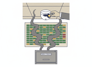 Flat, dry editorial illustration. A smoke alarm mounted on a government office ceiling, its battery being removed by a bureaucratic hand. Below it, a wall of color-coded IT project status indicators — nearly all showing green "low risk" — while smoke curls up from a filing cabinet labeled "FEDERAL IT PROJECTS." Muted institutional palette: navy, beige, gray, burgundy. Deadpan newspaper editorial style, no people, flat color.