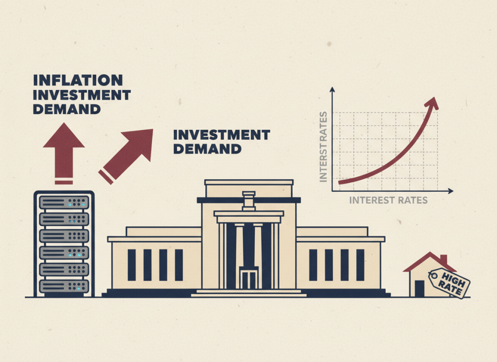 Flat, dry editorial illustration. A Federal Reserve building in the center, with a large AI server rack on one side sending upward arrows labeled "INFLATION" and "INVESTMENT DEMAND" into the building. On the other side, a graph showing interest rates climbing upward. A small house with a "HIGH RATE" price tag sits dwarfed in the corner. Muted institutional palette: navy, beige, gray, burgundy. Deadpan newspaper editorial style, no people, flat color.