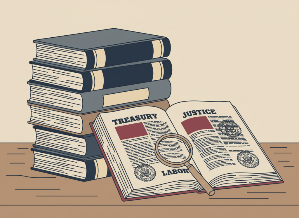 Flat, dry editorial illustration. A stack of government Federal Register volumes on a desk, the top one open to pages with three highlighted sections labeled "TREASURY," "JUSTICE," and "LABOR." A small magnifying glass rests on the open page. Official government seal stamps visible in the margins. Muted institutional palette: navy, beige, gray, burgundy. Deadpan newspaper editorial style, no people, flat color.