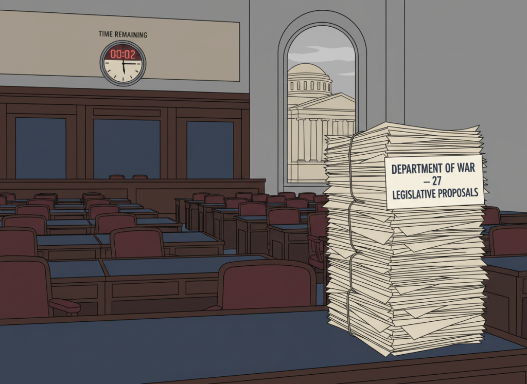 Flat, dry editorial illustration. A near-empty House chamber with a two-minute clock on the wall ticking down, a stack of government letters labeled "DEPARTMENT OF WAR — 27 LEGISLATIVE PROPOSALS" towering on the clerk's desk, and a Smithsonian museum building visible through a window in the background. Muted institutional palette: navy, beige, gray, burgundy. Deadpan newspaper editorial style, no people, flat color.