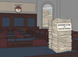 Flat, dry editorial illustration. A near-empty House chamber with a two-minute clock on the wall ticking down, a stack of government letters labeled "DEPARTMENT OF WAR — 27 LEGISLATIVE PROPOSALS" towering on the clerk's desk, and a Smithsonian museum building visible through a window in the background. Muted institutional palette: navy, beige, gray, burgundy. Deadpan newspaper editorial style, no people, flat color.