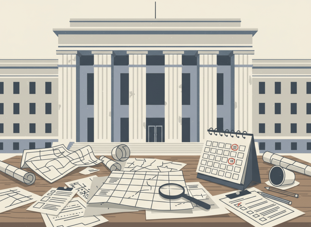 Flat, dry editorial illustration. A large government building facade with bureaucratic columns. In the foreground, a cluttered desk with scattered maps, unfinished checklists, and a calendar with past due dates circled. A small magnifying glass sits on an incomplete map grid. Muted beige, gray, and dusty blue tones. Deadpan, no people.
