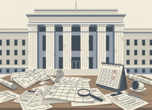 Flat, dry editorial illustration. A large government building facade with bureaucratic columns. In the foreground, a cluttered desk with scattered maps, unfinished checklists, and a calendar with past due dates circled. A small magnifying glass sits on an incomplete map grid. Muted beige, gray, and dusty blue tones. Deadpan, no people.