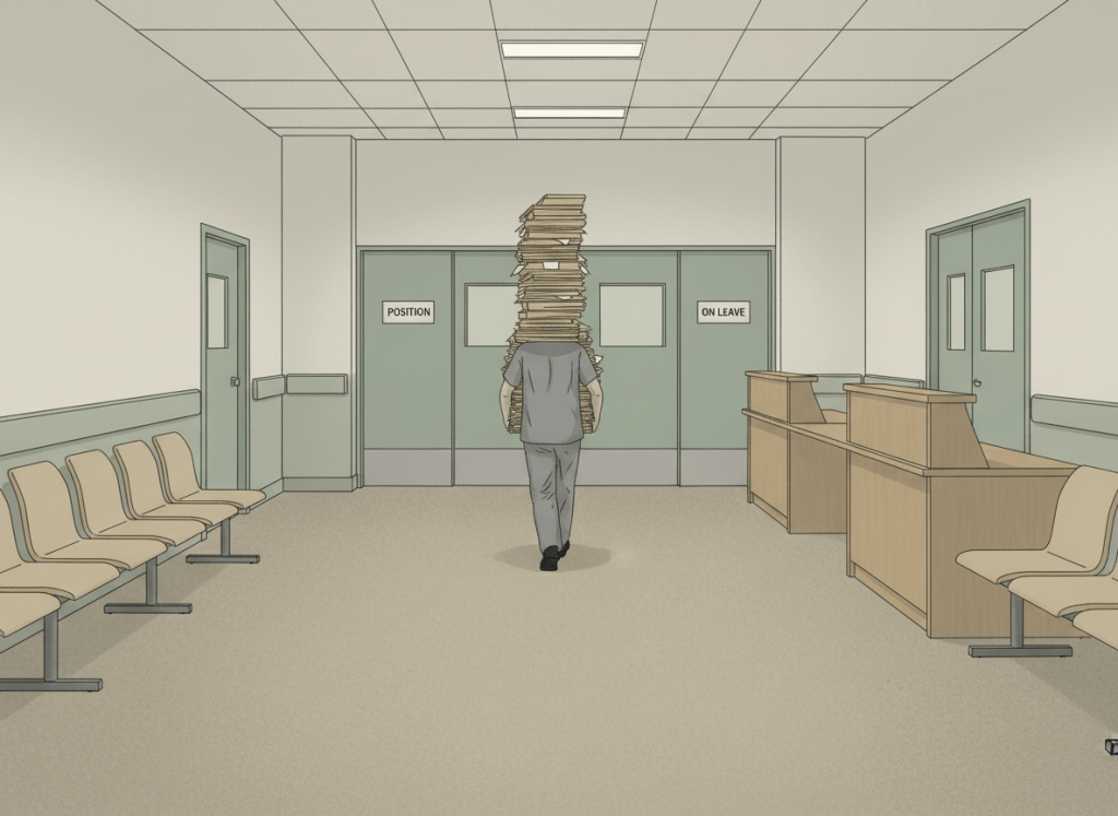 Flat, dry editorial illustration. A hospital corridor with empty chairs and vacant desks. Signs on doors read "Position Vacant" and "On Leave." A single remaining worker carries a large stack of folders. Muted institutional green, beige, and gray tones. Deadpan, no faces visible.
