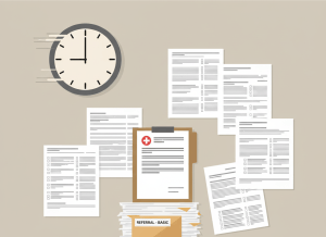 Flat, dry editorial illustration. A medical records folder sits open on a desk, surrounded by bureaucratic forms and checkboxes. A clock on the wall shows time passing. A manila envelope labeled "REFERRAL - BASIC" sits at the bottom of a large stack of paperwork. Muted beige, gray, and clinical white tones. Deadpan, no people.
