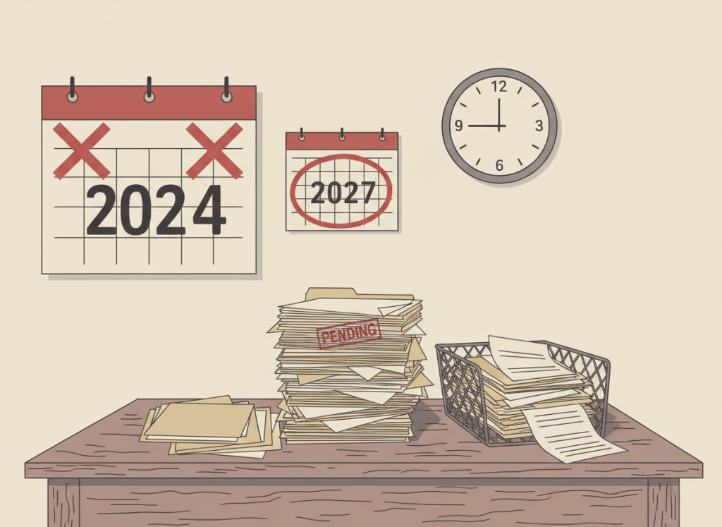Flat, dry editorial illustration. A large wall calendar with "2024" crossed out in red, next to a smaller calendar showing "2027" circled. A stack of papers labeled "PENDING" sits on a government desk next to an overflowing inbox. A clock on the wall reads late. Muted beige, dusty red, and gray tones. Deadpan, no people.