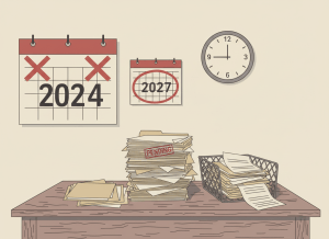 Flat, dry editorial illustration. A large wall calendar with "2024" crossed out in red, next to a smaller calendar showing "2027" circled. A stack of papers labeled "PENDING" sits on a government desk next to an overflowing inbox. A clock on the wall reads late. Muted beige, dusty red, and gray tones. Deadpan, no people.