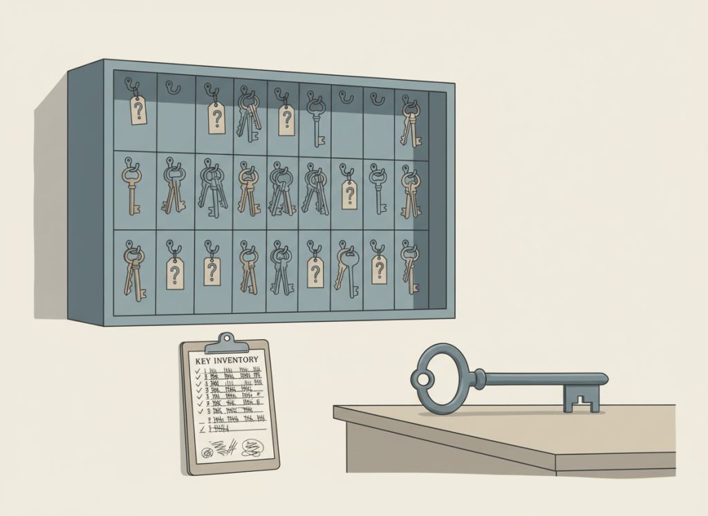 Flat, dry editorial illustration. A government key cabinet on a wall with many hooks — some empty, some with keys, some with question marks. A clipboard labeled "KEY INVENTORY" has mismatched tallies with crossed-out numbers. A single large arrow key sits unlabeled on a desk nearby. Muted postal blue, beige, and gray tones. Deadpan, no people.
