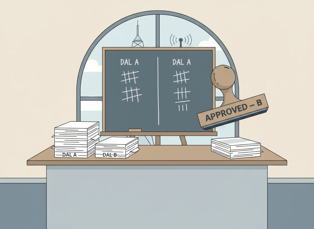 Flat, dry editorial illustration. A government conference room table with two stacks of documents labeled "DAL A" and "DAL B." A split vote tally is written on a chalkboard — more marks on one side than the other. A large rubber stamp marked "APPROVED — B" hovers over the table. In the background, a radar tower and radio beacon visible through a window. Muted beige, sky blue, and gray tones. Deadpan, no people.