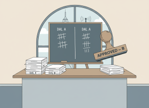 Flat, dry editorial illustration. A government conference room table with two stacks of documents labeled "DAL A" and "DAL B." A split vote tally is written on a chalkboard — more marks on one side than the other. A large rubber stamp marked "APPROVED — B" hovers over the table. In the background, a radar tower and radio beacon visible through a window. Muted beige, sky blue, and gray tones. Deadpan, no people.