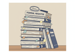 Flat, dry editorial illustration. A towering stack of federal government documents and rule books on a desk, with a large masthead reading "FEDERAL REGISTER" at the top. Small sticky notes and bookmarks poke out from the pages. A magnifying glass rests on top. Muted beige, navy blue, and gray government tones. Deadpan, no people.