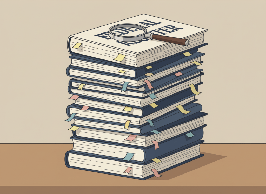 Flat, dry editorial illustration. A towering stack of federal government documents and rule books on a desk, with a large masthead reading "FEDERAL REGISTER" at the top. Small sticky notes and bookmarks poke out from the pages. A magnifying glass rests on top. Muted beige, navy blue, and gray government tones. Deadpan, no people.