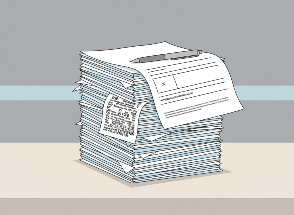 Flat editorial illustration in a dry, deadpan style. A stack of clinical discharge paperwork on a plain desk, with a pen resting on top. One sheet is covered in dense medical abbreviations and jargon, another is nearly blank where a signature should be. Muted institutional colors — beige, gray, pale blue. No people. Clean lines, minimal detail.