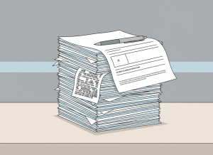 Flat editorial illustration in a dry, deadpan style. A stack of clinical discharge paperwork on a plain desk, with a pen resting on top. One sheet is covered in dense medical abbreviations and jargon, another is nearly blank where a signature should be. Muted institutional colors — beige, gray, pale blue. No people. Clean lines, minimal detail.