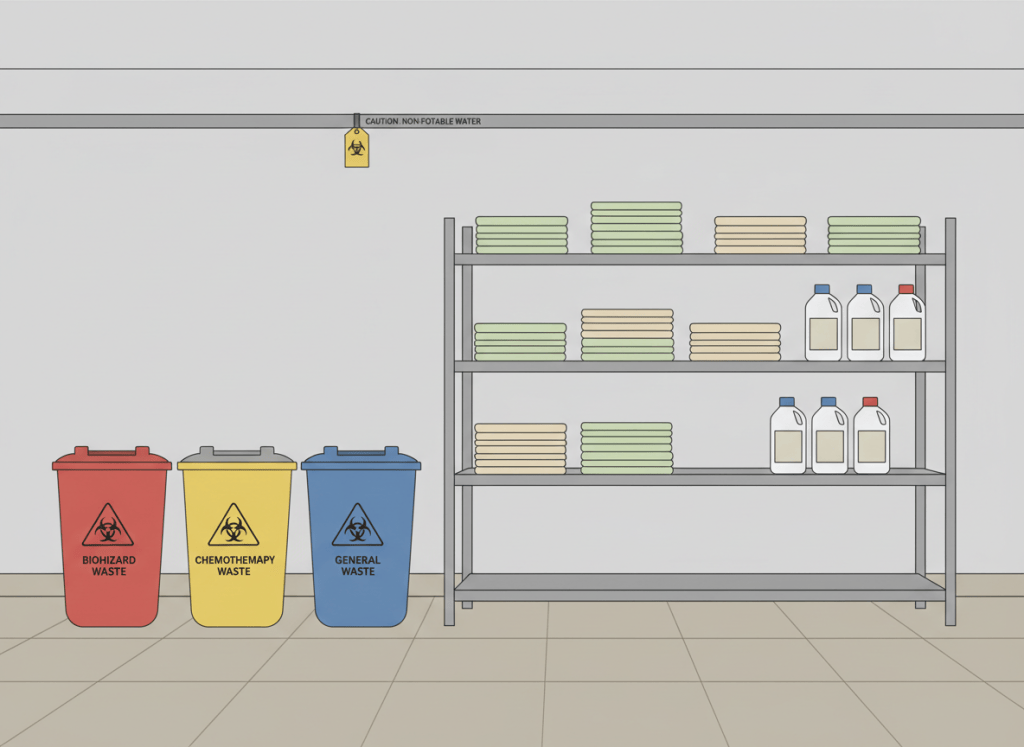 Flat editorial illustration in a dry, deadpan style. A hospital utility room with color-coded bins and biohazard containers stored next to cleaning supplies and linens on metal shelving. A water pipe runs along the wall with a warning tag attached. Muted institutional colors — beige, gray, pale green. No people. Clean lines, minimal detail.
