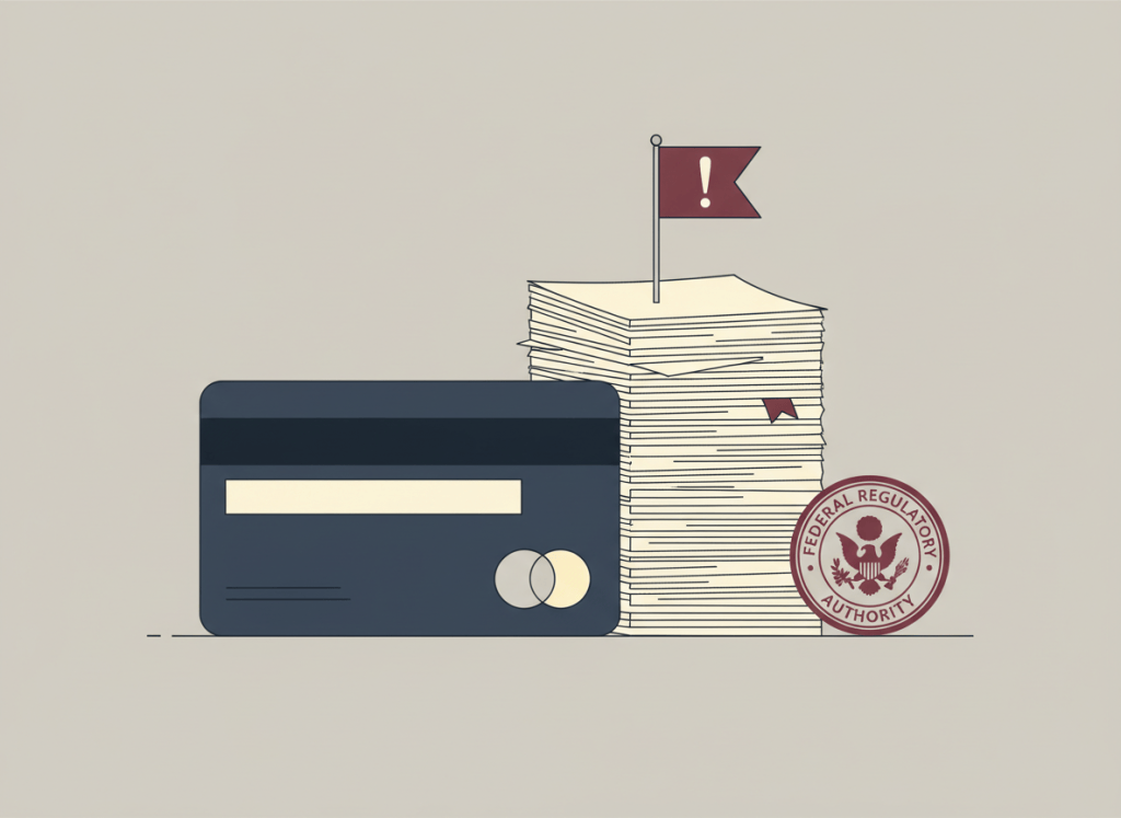 Flat editorial illustration in a dry, deadpan style. A large credit card on a plain desk with a thick stack of compliance documents and a federal regulatory seal stamp beside it. A red warning flag is planted in the stack. Muted institutional colors — navy, beige, burgundy, gray. No people. Clean lines, minimal detail.