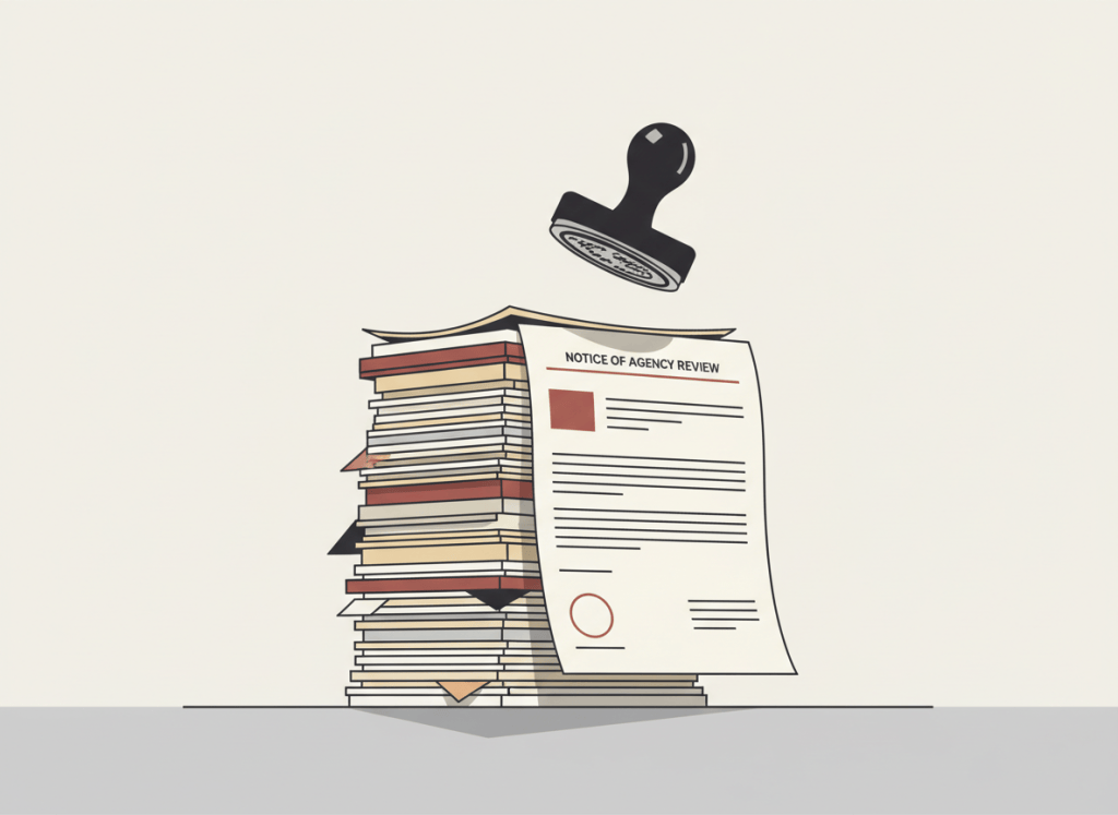 A flat, dry editorial illustration for a government accountability news site. A stacked pile of official government documents, notices, and regulatory filings on a plain desk, rendered in muted bureaucratic tones — beige, gray, dark red, and off-white. A rubber stamp hovers above the pile. Clean, deadpan composition. No people. No text.