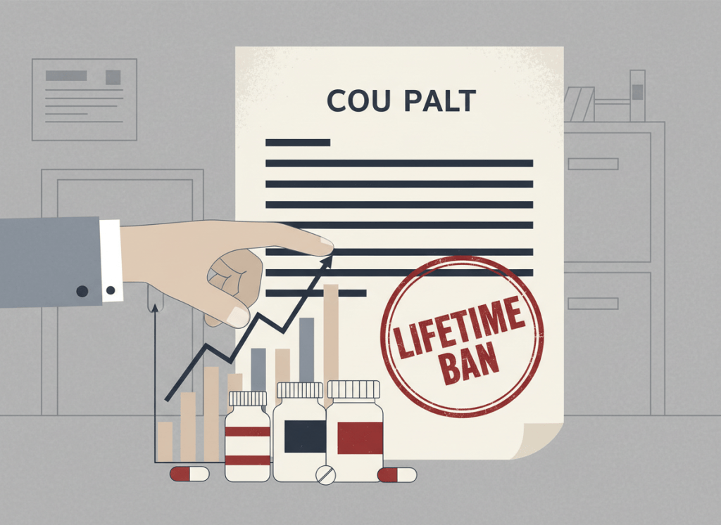 Flat, dry editorial illustration for a government accountability news site. A large official court document stamped "LIFETIME BAN" sits prominently, but a figure's hand is visible reaching past it toward stock market charts and pharmaceutical pill bottles. Muted bureaucratic color palette — institutional gray, beige, dark red, off-white. Deadpan, sardonic composition. No text visible.