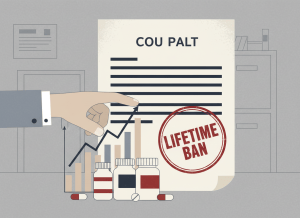 Flat, dry editorial illustration for a government accountability news site. A large official court document stamped "LIFETIME BAN" sits prominently, but a figure's hand is visible reaching past it toward stock market charts and pharmaceutical pill bottles. Muted bureaucratic color palette — institutional gray, beige, dark red, off-white. Deadpan, sardonic composition. No text visible.
