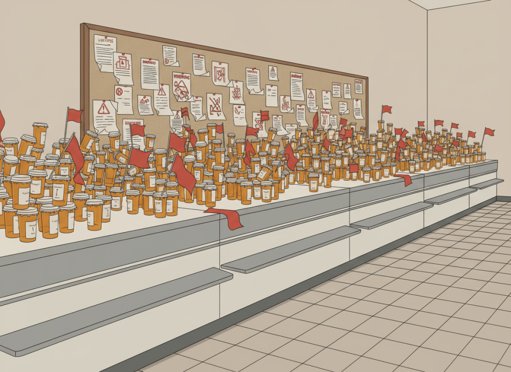 Flat, dry editorial illustration for a government accountability news site. A large pharmacy counter with prescription bottles stacked high, warning notices pinned to a corkboard behind it that are being ignored. Red flags literally visible but unaddressed. Muted bureaucratic color palette — institutional gray, beige, dark red, pill-bottle orange, off-white. Deadpan composition. No text. No people visible.