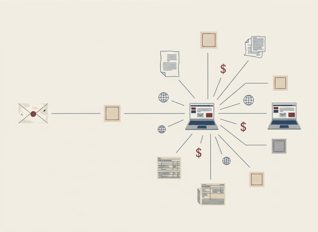 Flat, dry editorial illustration in the style of a government accountability news site. A paper trail of documents, emails, and tax forms connected by thin lines, leading from a single suspicious envelope to a network of linked nodes — nonprofit logos replaced by blank boxes, dollar signs, and small globe icons. Muted bureaucratic color palette: institutional gray, beige, dark red, ink blue, off-white. Deadpan composition. No text, no people visible.