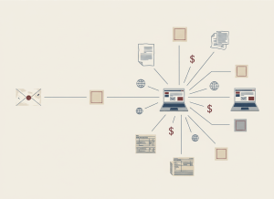 Flat, dry editorial illustration in the style of a government accountability news site. A paper trail of documents, emails, and tax forms connected by thin lines, leading from a single suspicious envelope to a network of linked nodes — nonprofit logos replaced by blank boxes, dollar signs, and small globe icons. Muted bureaucratic color palette: institutional gray, beige, dark red, ink blue, off-white. Deadpan composition. No text, no people visible.