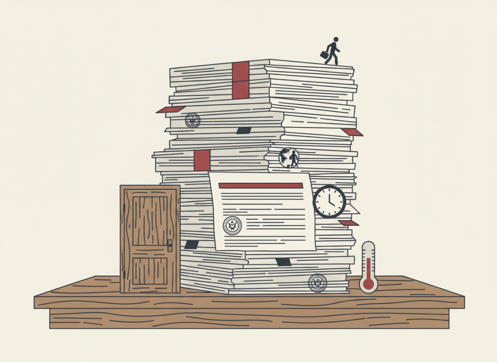 Flat, dry editorial illustration for a government accountability news site. A dense stack of official federal government documents and notices on a desk, with small bureaucratic icons: a closed door, a clock face showing a tight deadline, a small globe with a refugee silhouette, a thermometer. Muted bureaucratic color palette — institutional gray, beige, dark red, ink blue, off-white. Deadpan composition. No text, no people visible.