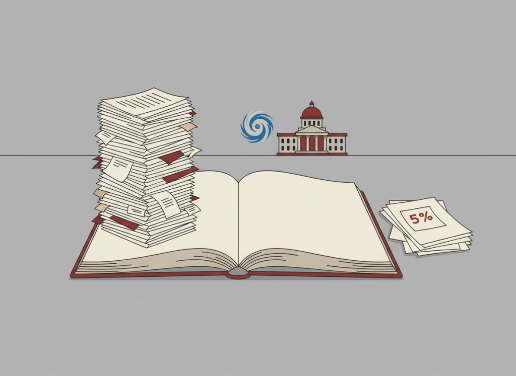 Flat, dry editorial illustration for a government accountability news site. A stack of unverified receipts and invoices next to a ledger book with blank pages, a small icon of a hurricane and a government building in the background. A "5%" label on a small sticky note attached to a pile of documents. Muted bureaucratic color palette — institutional gray, beige, dark red, off-white, hurricane blue. Deadpan composition. No text visible, no people.