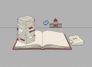 Flat, dry editorial illustration for a government accountability news site. A stack of unverified receipts and invoices next to a ledger book with blank pages, a small icon of a hurricane and a government building in the background. A "5%" label on a small sticky note attached to a pile of documents. Muted bureaucratic color palette — institutional gray, beige, dark red, off-white, hurricane blue. Deadpan composition. No text visible, no people.