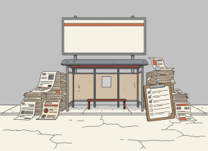 Flat, dry editorial illustration for a government accountability news site. An empty bus stop with a schedule board and no buses, surrounded by stacks of invoices and government grant documents. A clipboard with a checklist, some items checked but the underlying service absent — an empty road, no vehicles. Muted bureaucratic color palette — institutional gray, beige, dark red, transit orange, off-white. Deadpan composition. No text visible, no people.
