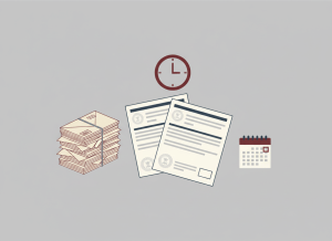 Flat, dry editorial illustration for a government accountability news site. Two overlapping government enrollment forms with a clock showing a paused or stopped hand, a stack of unopened mailed notices, and a small calendar. Muted bureaucratic color palette — institutional gray, beige, dark red, off-white, muted blue. Deadpan composition, clean flat design. No text visible, no people.