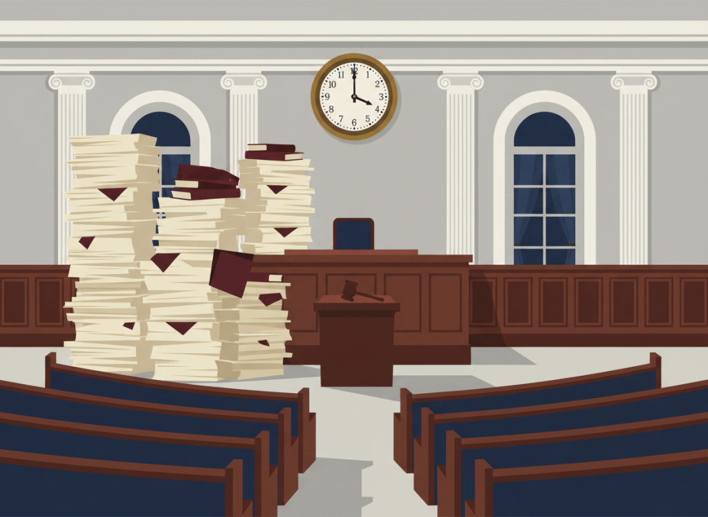 Flat, dry editorial illustration for a government accountability news site. An empty congressional chamber with a gavel on the podium and a large clock showing just a few minutes elapsed. Stacks of legislative documents and bill folders piled high beside the nearly empty room. Muted bureaucratic color palette — institutional gray, beige, dark red, congressional navy, off-white. Deadpan composition. No text visible, no people.
