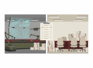 Flat, dry editorial illustration for a government accountability news site. A military command center with AI targeting screens and autonomous systems on one side, and a nearly empty bureaucratic office with vacant chairs and stacked unfinished reports on the other side. A checklist with many unchecked boxes. Muted bureaucratic color palette — institutional gray, beige, dark red, military olive green, off-white. Deadpan composition. No text visible, no people.